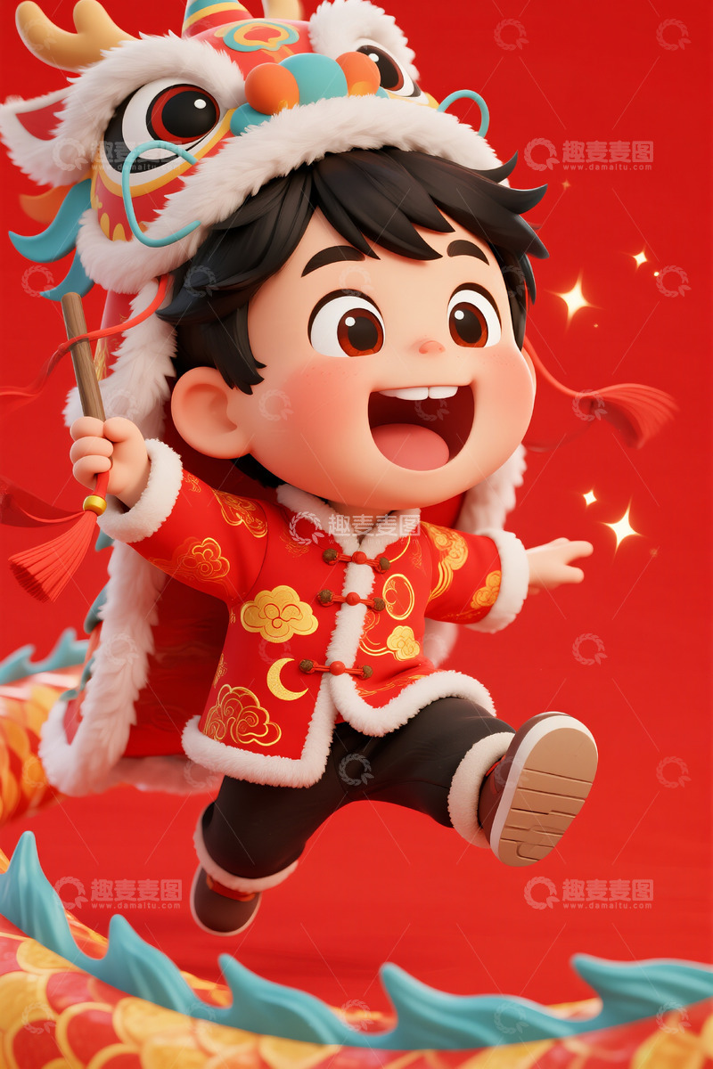 高清大图下载【趣麦麦图】卡通风格一个舞龙的小男孩2