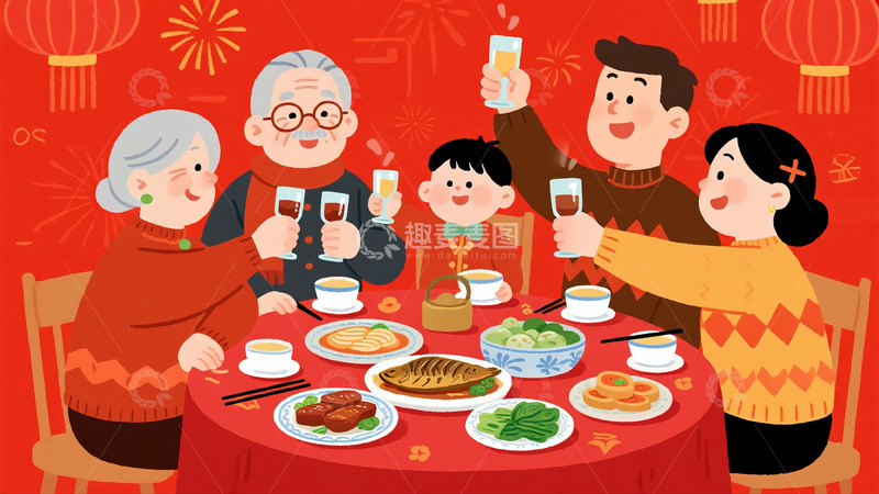 高清大图下载【趣麦麦图】卡通年夜饭场景2