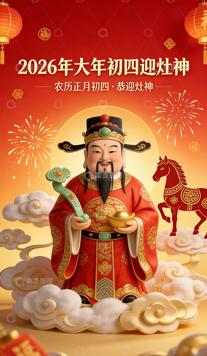 高清大图下载【趣麦麦图】喜庆中国风灶神迎接海报