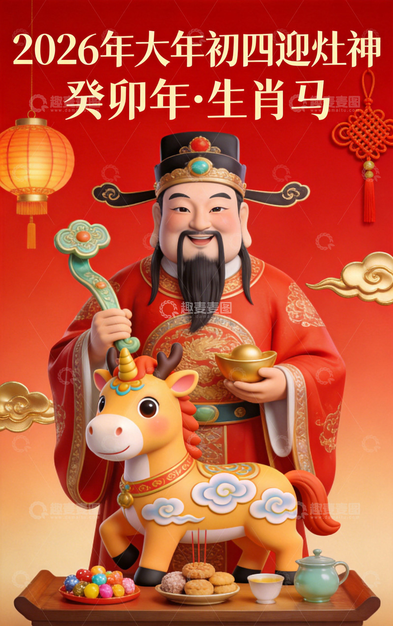 高清大图下载【趣麦麦图】喜庆中国风财神与牛迎春海报