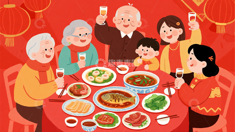 高清大图下载【趣麦麦图】卡通年夜饭场景7