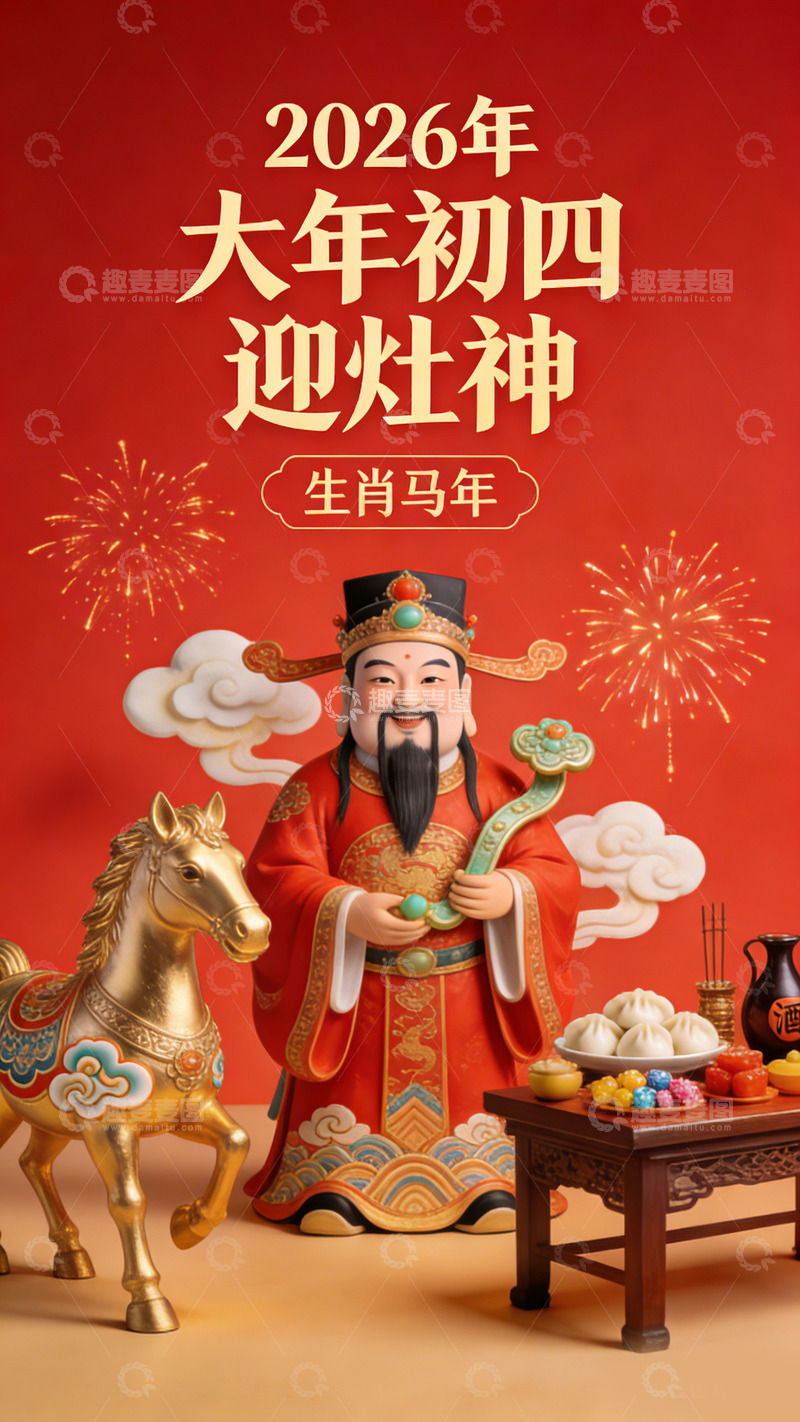 高清大图下载【趣麦麦图】新春红喜庆迎灶神马年装饰