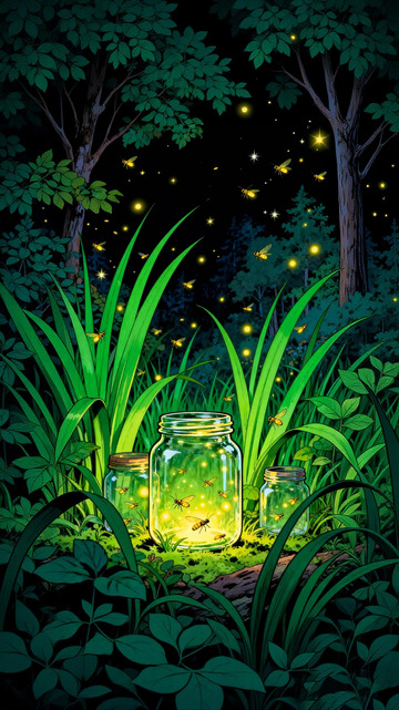 森林夜景萤火虫插画