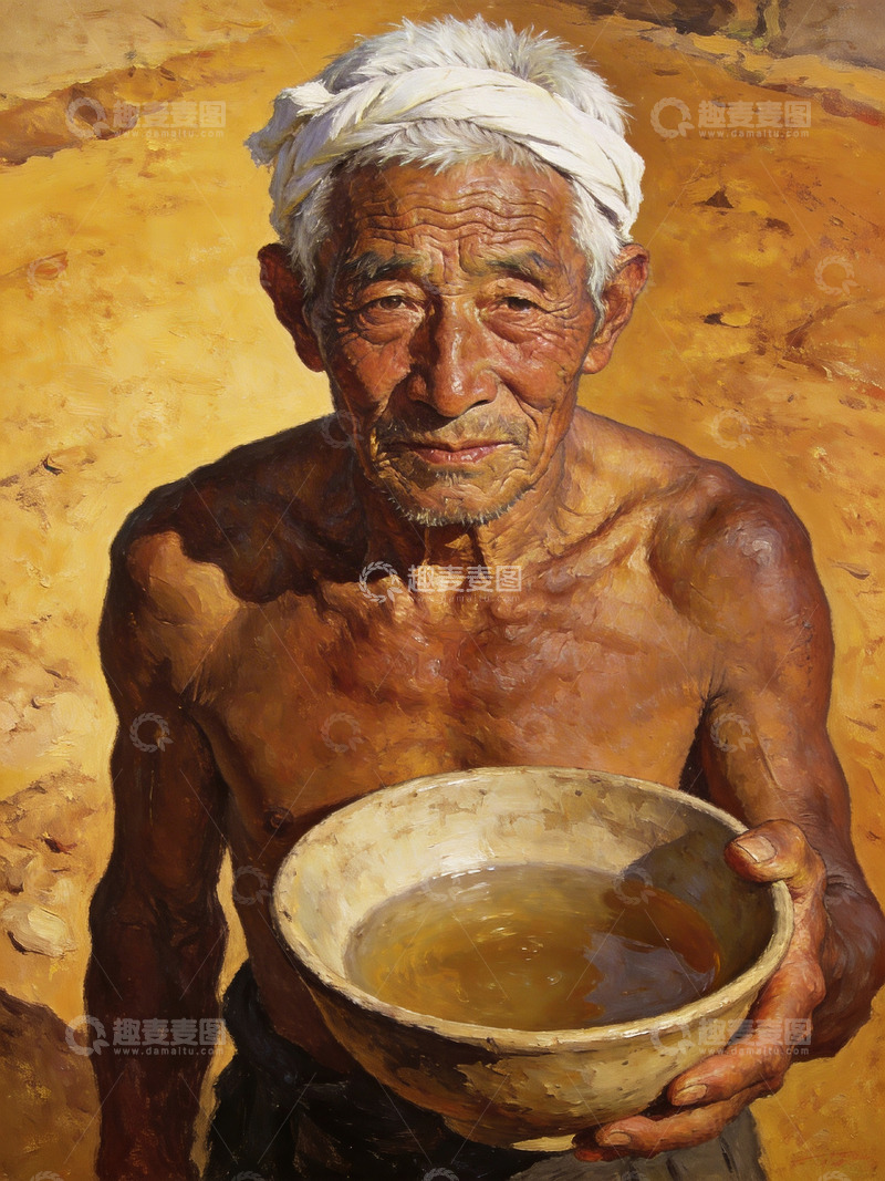 高清大图下载【趣麦麦图】农民持水碗写实油画