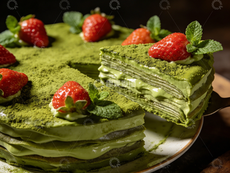 高清大图下载【趣麦麦图】抹茶蛋糕草莓装饰美食摄影