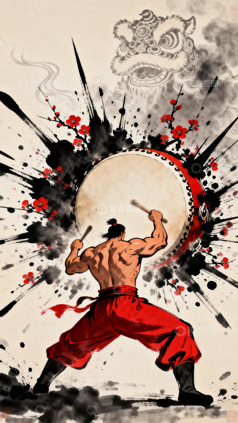 高清大图下载【趣麦麦图】水墨风武术战士击鼓国画