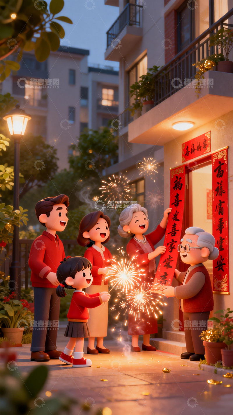 高清大图下载【趣麦麦图】春节团圆烟花庆祝场景3D渲染