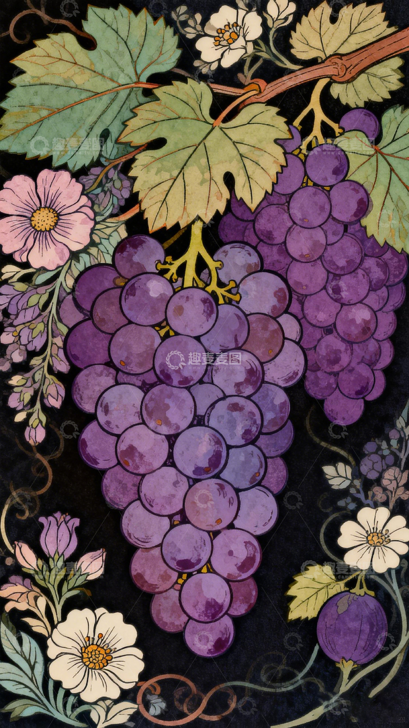 高清大图下载【趣麦麦图】插画风格葡萄花卉图案设计素材
