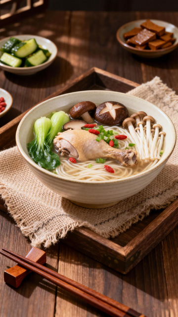 香菇鸡腿面美食摄影图片