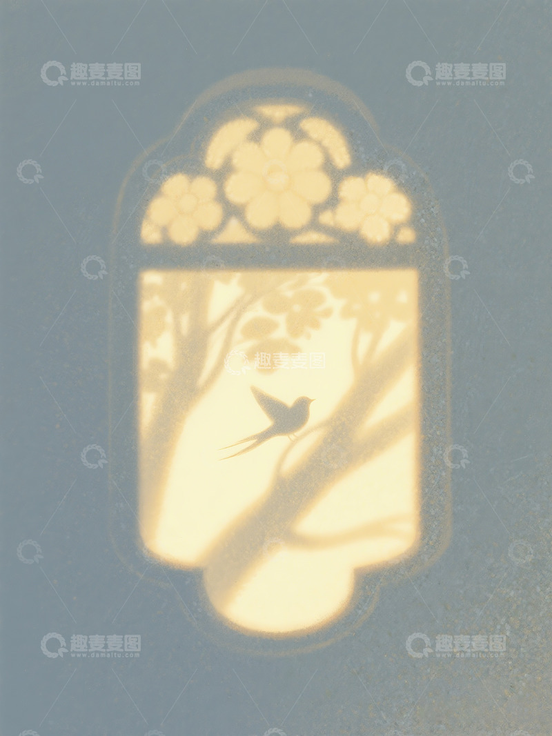 高清大图下载【趣麦麦图】花窗和树影一只鸟的投影形态3