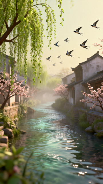古镇晨曦飞鸟图