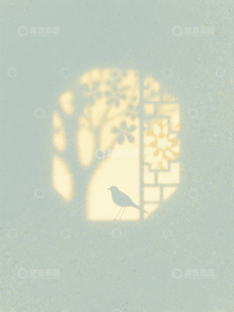高清大图下载【趣麦麦图】花窗和树影一只鸟的投影