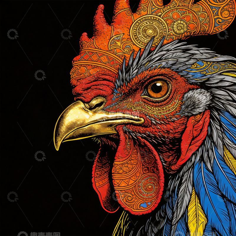 高清大图下载【趣麦麦图】黑红橙色黄蓝色调大公鸡1