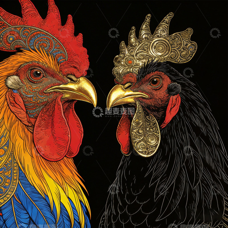 高清大图下载【趣麦麦图】黑红橙色黄蓝色调大公鸡2