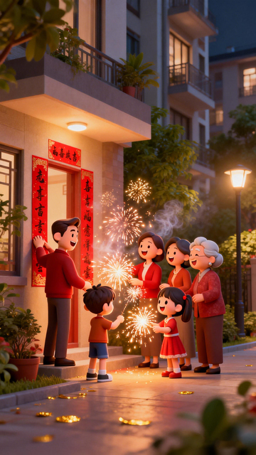 春节全家福烟火欢庆3D场景