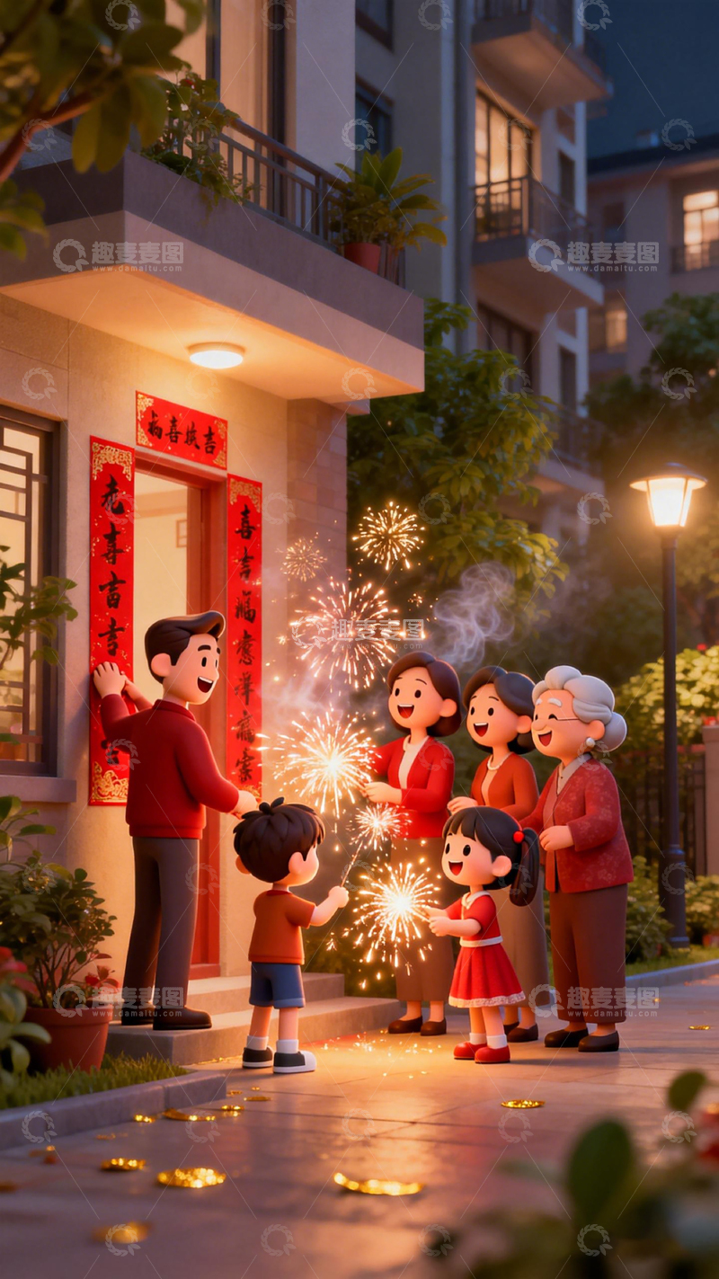 高清大图下载【趣麦麦图】春节全家福烟火欢庆3D场景
