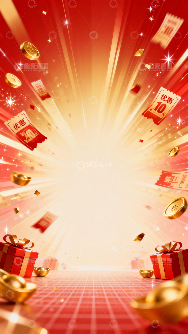 高清大图下载【趣麦麦图】喜庆节日金币礼盒宣传海报