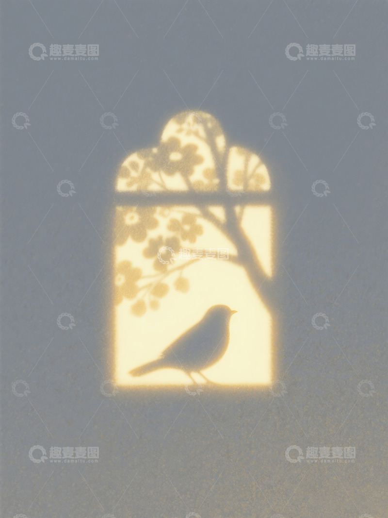 高清大图下载【趣麦麦图】花窗和树影一只鸟的投影形态4