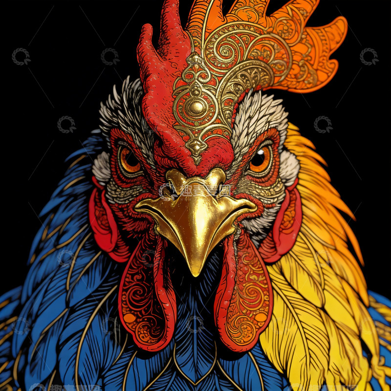 高清大图下载【趣麦麦图】黑红橙色黄蓝色调大公鸡3