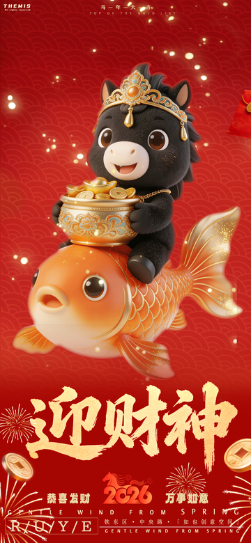 迎财神卡通生肖马鱼跃图案