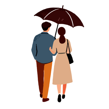 插画风情侣散步伞下元素