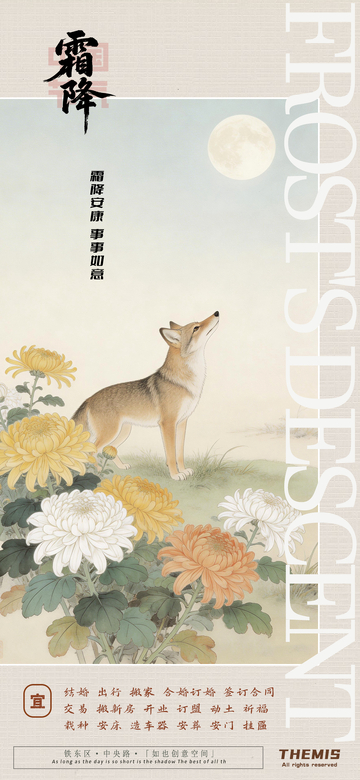 霜降节气狼菊月夜插画设计