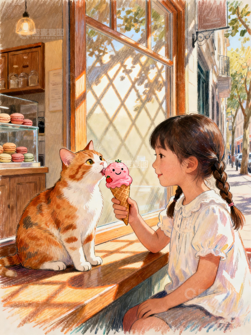 高清大图下载【趣麦麦图】小女孩与一只小花猫手绘插画