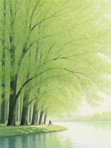 极简风格的治愈系河畔景观插画 