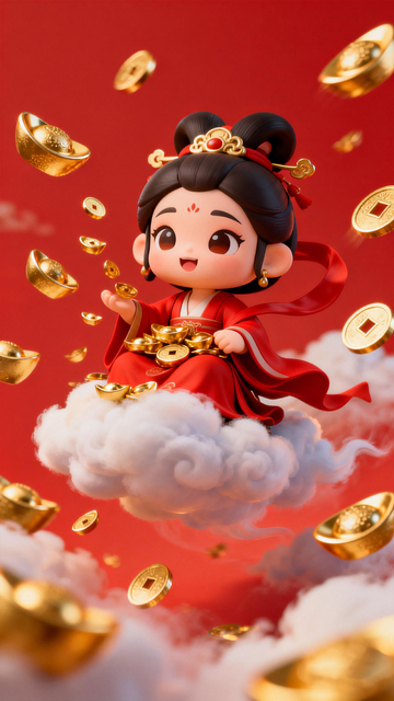 卡通仙女财富飘金插画