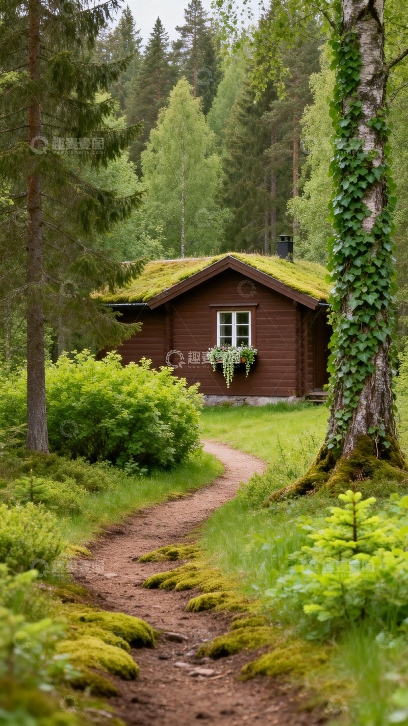 高清大图下载【趣麦麦图】森林小屋绿屋顶风景