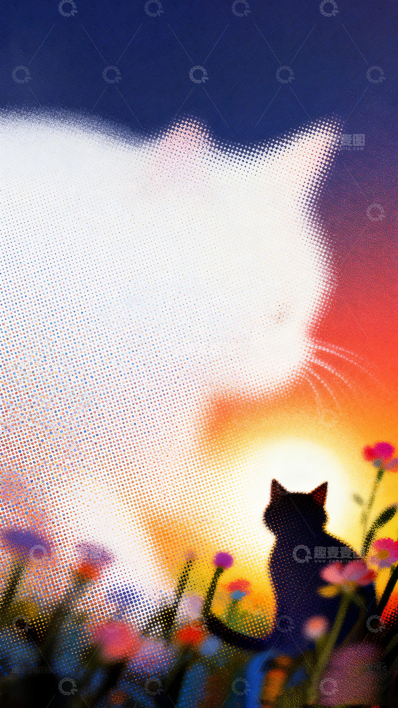 高清大图下载【趣麦麦图】像素风日落猫剪影壁纸