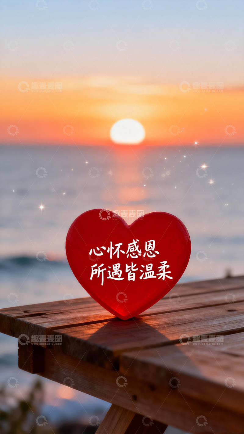 高清大图下载【趣麦麦图】心形感恩语日落美景