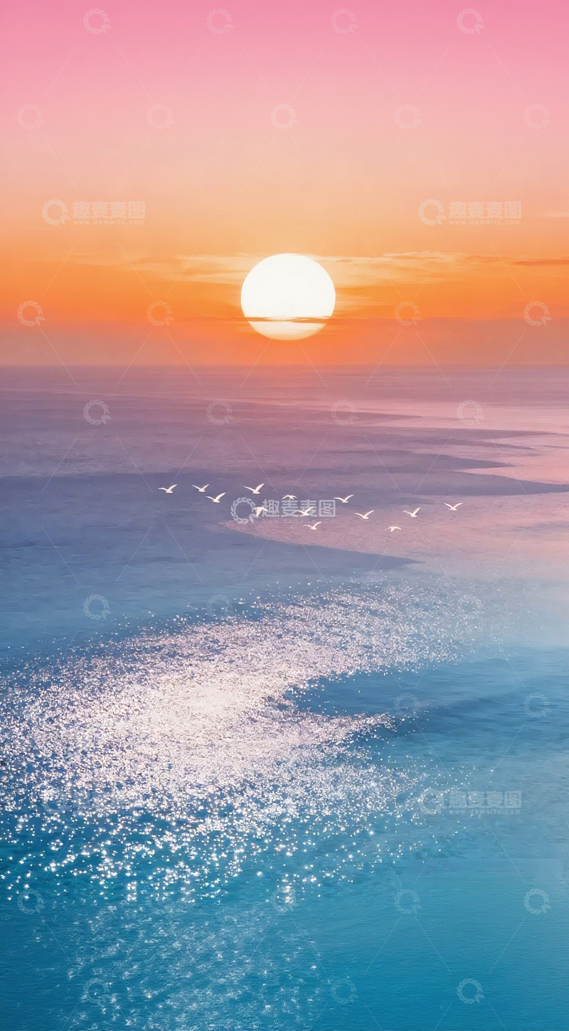高清大图下载【趣麦麦图】日落海天一色飞鸟风景