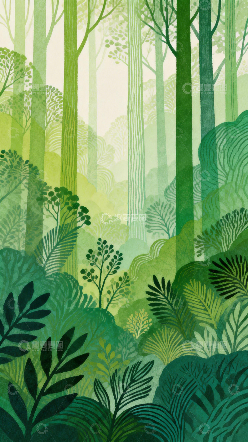 高清大图下载【趣麦麦图】森林插画绿意盎然
