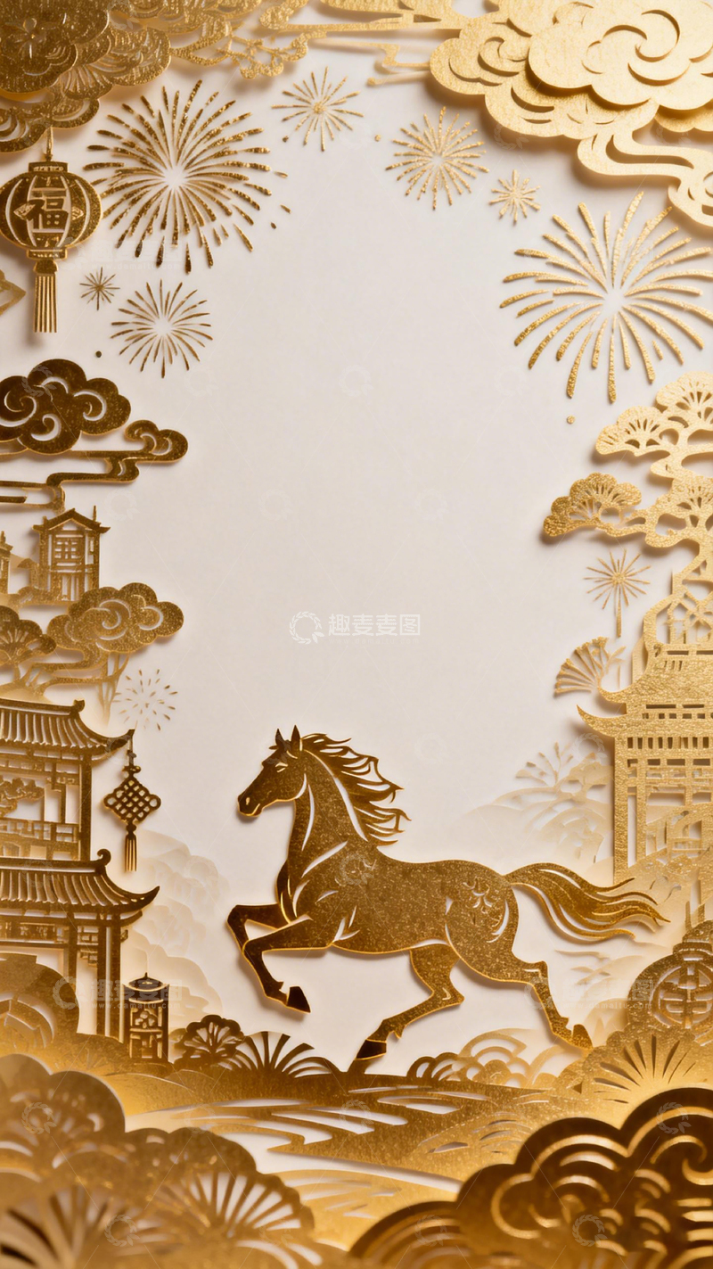 高清大图下载【趣麦麦图】金色剪纸马传统节庆装饰