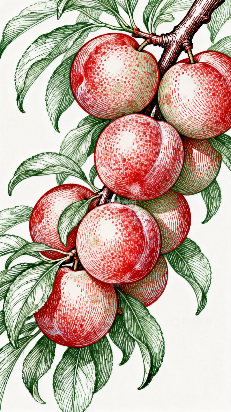 高清大图下载【趣麦麦图】手绘红苹果枝叶插画