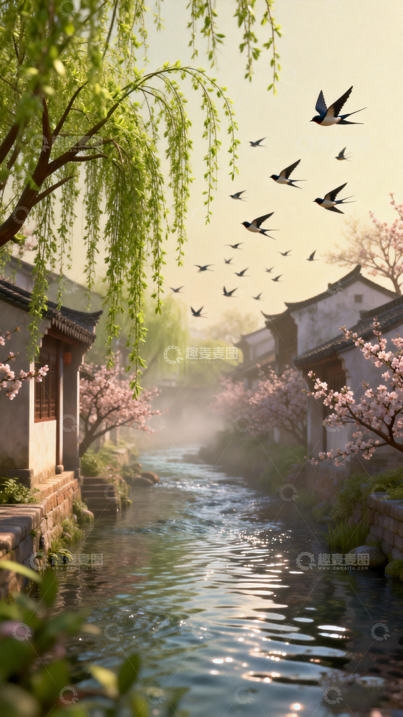 高清大图下载【趣麦麦图】江南水乡春日风景插画