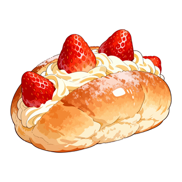 手绘奶油草莓牛角面包插画