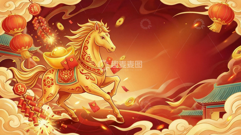 高清大图下载【趣麦麦图】金马闹新春喜庆插画背景 