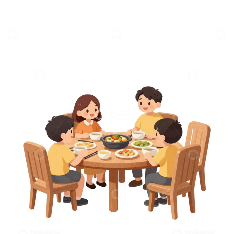 高清大图下载【趣麦麦图】温馨家庭用餐卡通插画
