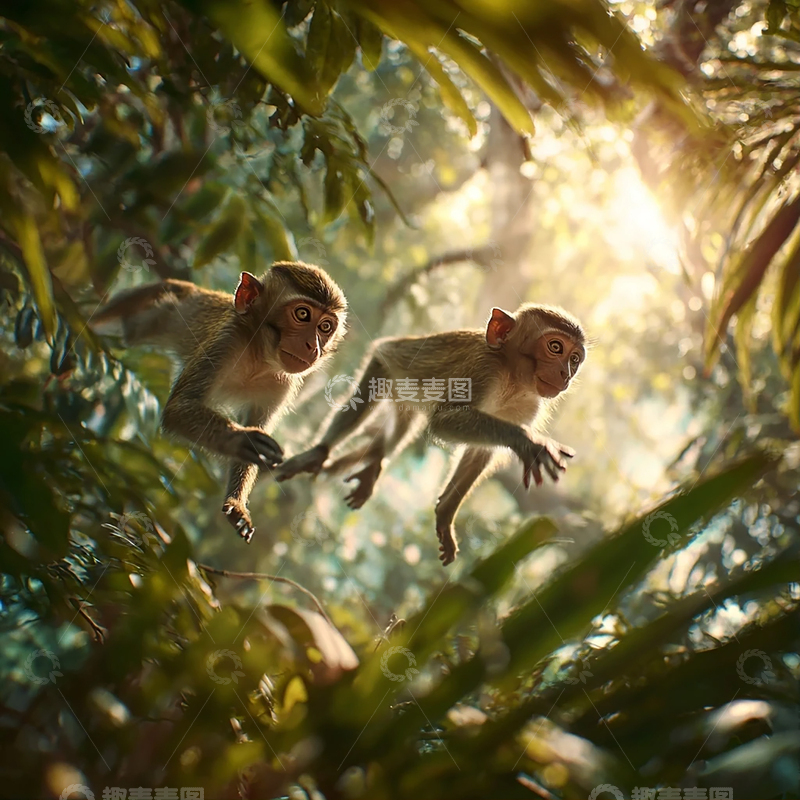 高清大图下载【趣麦麦图】夕阳余晖下的猴子舞蹈