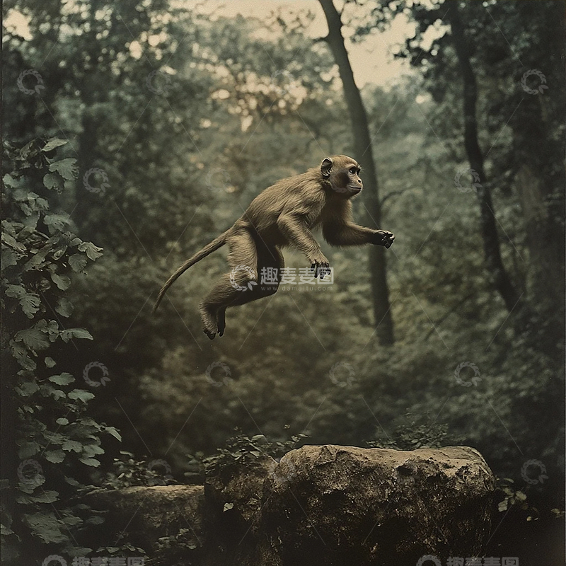 高清大图下载【趣麦麦图】灵动森林中的跃动灵猴