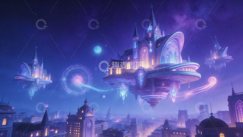 高清大图下载【趣麦麦图】梦幻城堡夜景插画素材