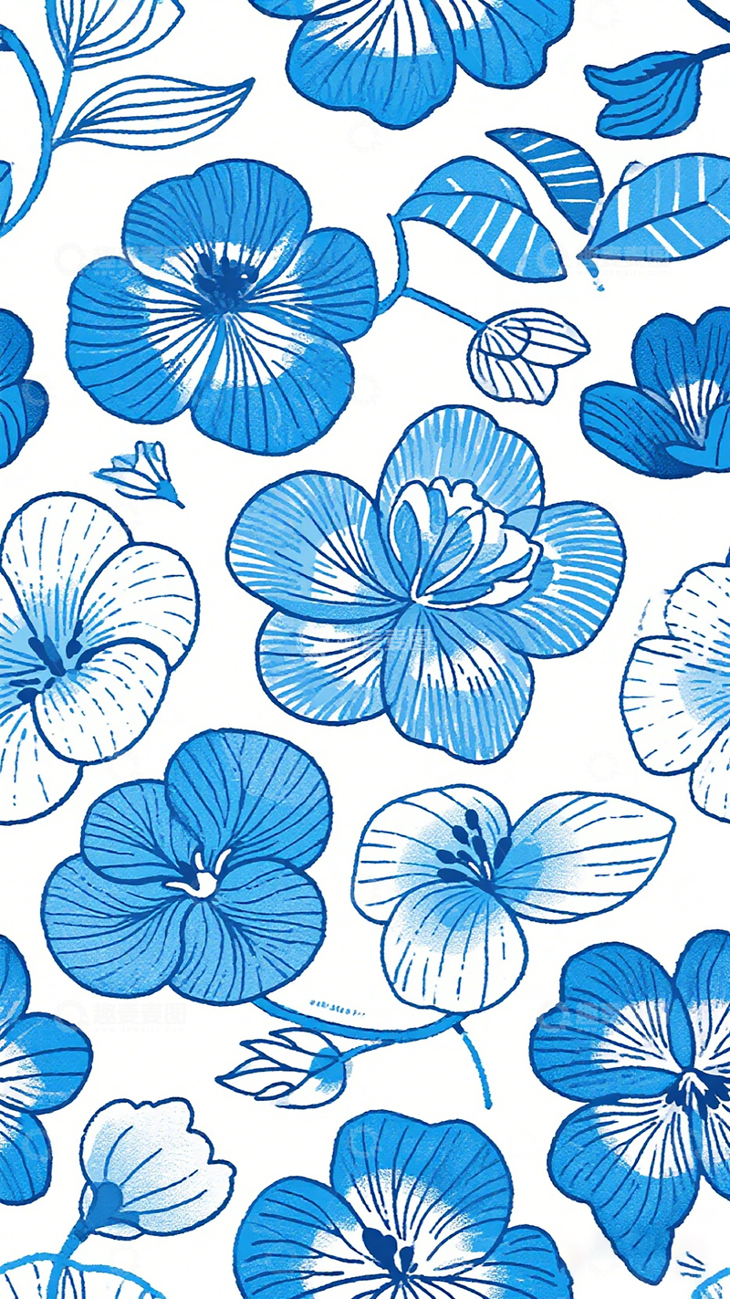 高清大图下载【趣麦麦图】蓝色花卉图案壁纸设计素材