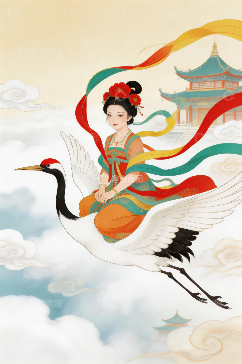 高清大图下载【趣麦麦图】古风仙女乘鹤仙境图