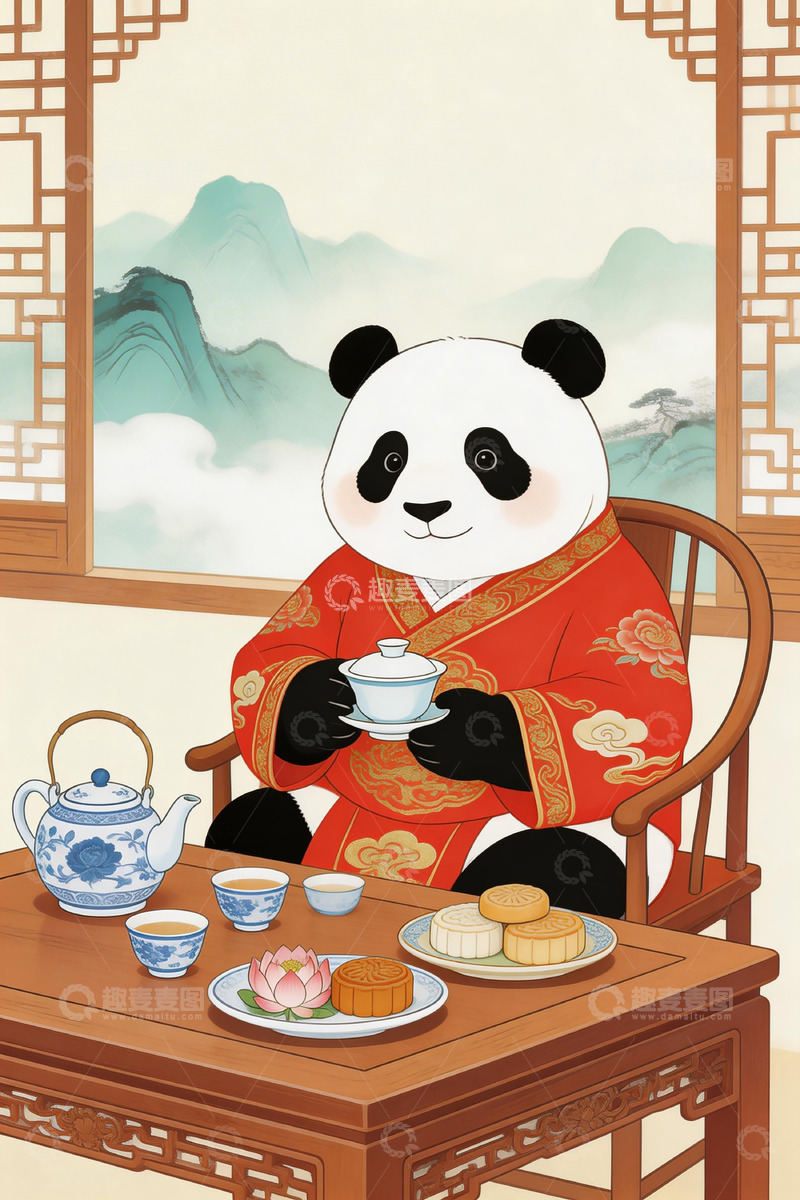高清大图下载【趣麦麦图】熊猫品茶中秋图