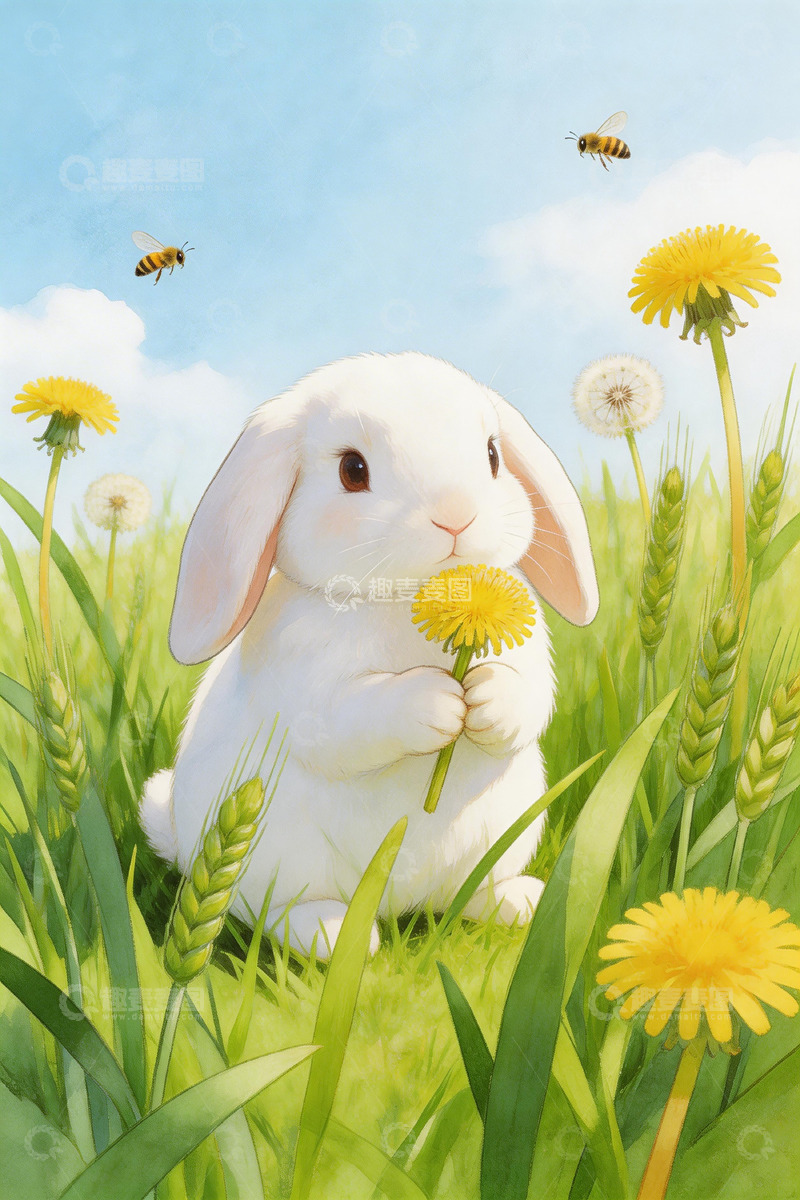 高清大图下载【趣麦麦图】春意盎然白兔插画
