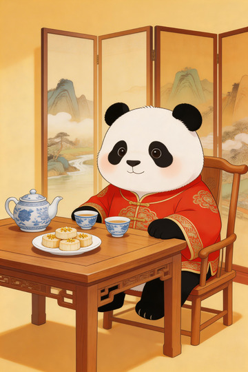 熊猫品茶国画风格插画