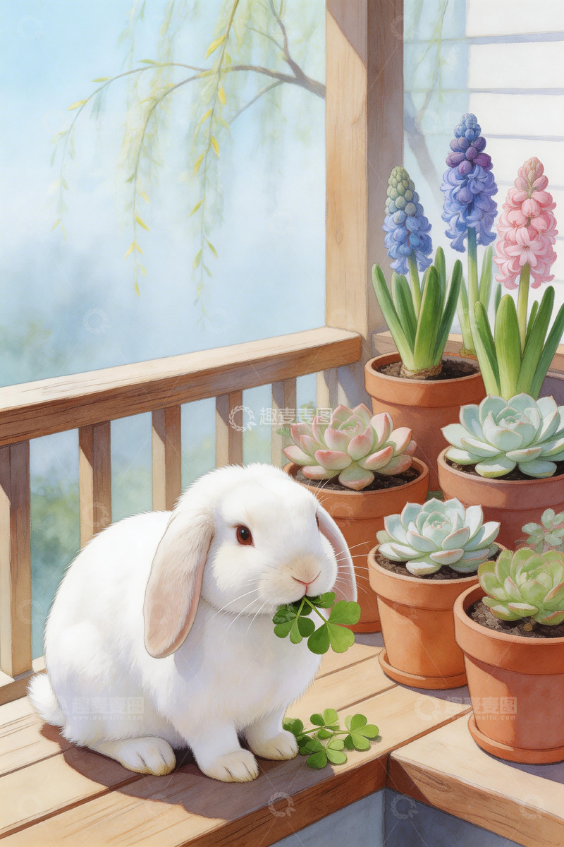 高清大图下载【趣麦麦图】温馨阳台白兔多肉插画