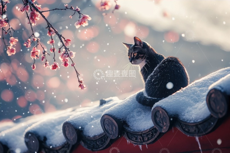 高清大图下载【趣麦麦图】坐在房屋顶上的黑猫